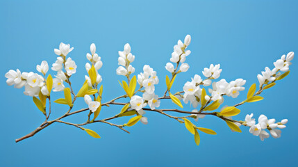 Beautiful white freesia flowers on branches reaching into a clear blue sky, symbolizing spring.