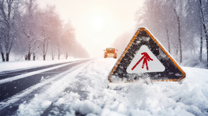  warning sign because of the black ice on the snowy road