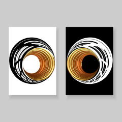 Set of minimal elegant wall decor posters. Black, white and gold brush strokes with grunge texture in the shape of circle. Creative templates for parties, cards, posters, covers, labels, home decor.