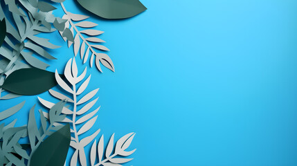 Tropical leaves with soft blue background and copy space in paper cut style.
