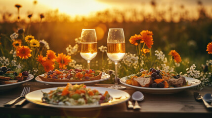 Fototapeta premium A romantic dinner setup in a blooming flower field during sunset, with wine and fresh salads.