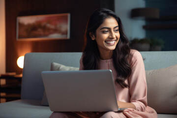 A young smiling woman of Indian ethnicity working on laptop