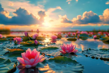 Foto auf Alu-Dibond Serene Landscape of Blooming Lotus Flowers at Sunset © marishatti