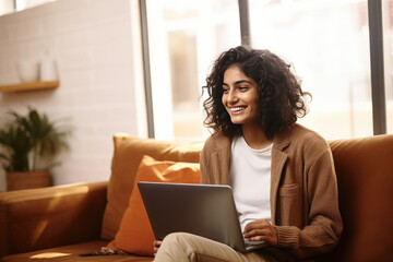 Fototapeta premium A young smiling woman of Indian ethnicity working on laptop