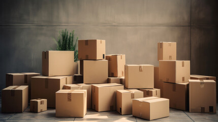 An assortment of cardboard moving boxes stacked in a sunlit room, suggesting relocation or delivery.