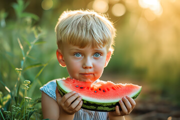 Child Enjoying Watermelon in Sunlit Garden
