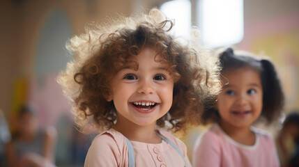 A curly-haired child with a bright smile in a playful kindergarten classroom setting.