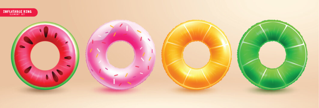 Summer inflatable fruits ring vector set. Summer floaters in fruits collection for tropical season beach swimming elements. Vector illustration summer inflatable ring collection.
