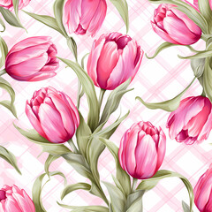 Tulips flowers spring buffalo plaid background	
