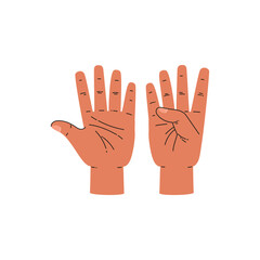 Raised hands show nine fingers, cartoon flat vector illustration isolated.