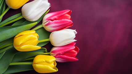 Obraz premium A beautiful array of white, red, and yellow tulips lying on a rich purple backdrop, evoking spring elegance.