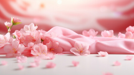 Naklejka na ściany i meble Pink Sakura blossoms gracefully scattered on smooth silk fabric, evoking a sense of serene spring beauty.
