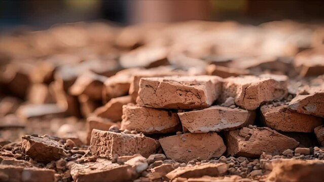 Up close view of a brick made from compressed earth, displaying its unique color and composition.