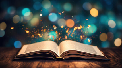 An open book radiating magical sparkling particles on a wooden table.
