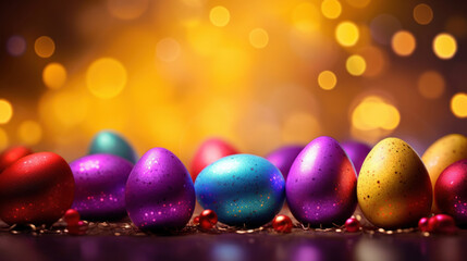 Fototapeta na wymiar Glowing and patterned Easter eggs on a colorful background with a festive atmosphere.