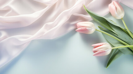 Soft pink tulips on a pastel-colored fabric, creating a gentle and soothing ambiance.