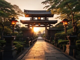 photos of Japan Gate Shrine, stunning streets, sunset.