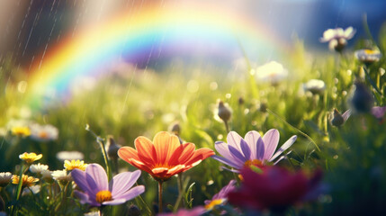 Obraz na płótnie Canvas Rain shower over colorful wildflowers with a beautiful rainbow arching in the bright sunshine.