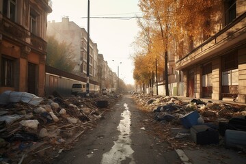 Abandoned heaps of trash on Bucharest's streets. Generative AI