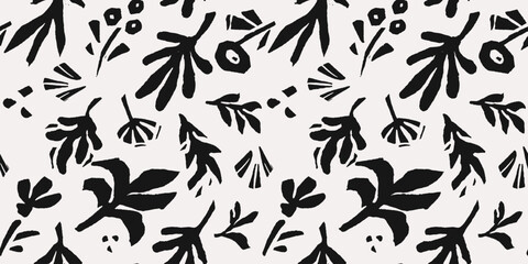 Hand drawn minimal abstract line organic shapes seamless pattern. Cutout plant - 716344854