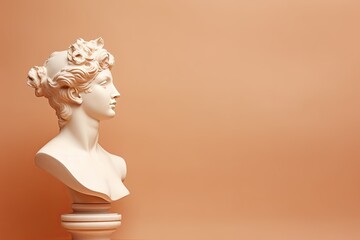 Antique Marble sculpture statue bust of an ancient Greek goddess on pastel background, copy space