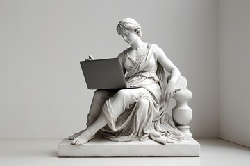Ancient Marble sculpture statue of a Greek goddess with laptop - obrazy, fototapety, plakaty