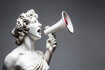 Antique Marble sculpture statue bust ancient Greek goddess woman shouts into a megaphone