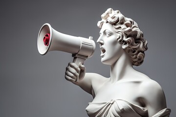 Antique Marble sculpture statue bust ancient Greek goddess woman shouts into a megaphone
