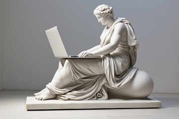 Ancient Marble sculpture statue of a Greek goddess with laptop