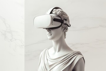 Antique sculpture of a statue ancient Greek goddess with VR headset - obrazy, fototapety, plakaty