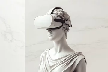 Fotobehang Antique sculpture of a statue ancient Greek goddess with VR headset © Iryna