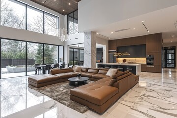 Contemporary modern living room with open concept view through to dining room kitchen and Italian marble.