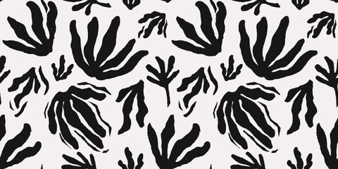 Hand drawn minimal abstract line organic shapes seamless pattern. Cutout boho plant contemporary - obrazy, fototapety, plakaty