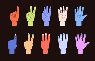 Colorful hands showing number from one to five. Gesture with open palm and back hand.