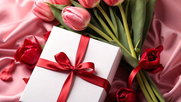 Valentines gift box and bouquet of tulips lying on rose silk background image.