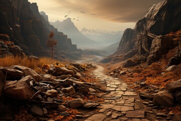 Deserted Mountain Path in Fall, on an isolated Rustic Brown background, Generative AI - obrazy, fototapety, plakaty