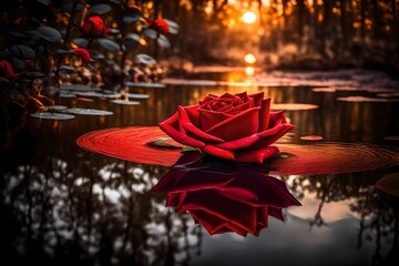 A red rose immersed in a serene pond, its surface mirroring the vibrant hues of a sunset