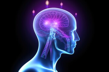 Obraz premium 3d illustration of brain render, Neurotransmitters in the CNS and PNS, brain, Frontal lobe, Parietal lobe, brain anatomical, Cerebellum, Brain stem, Medulla oblongata, longevity, brain research, mind 