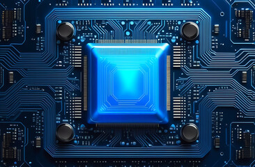 Blue Computer chip on the motherboard. Computer processor on a blue chip. Technological Brain. The concept of modern technologies, the development of artificial intelligence