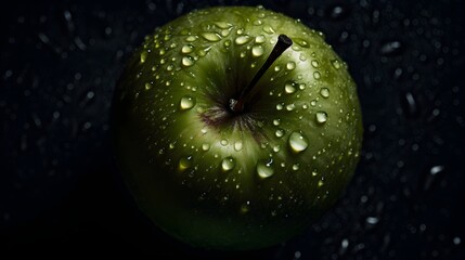 Fresh apple with water splashes and drops on black background