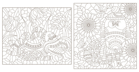 A set of contour illustrations in the style of stained glass with cute dogs, dark contours on a white background