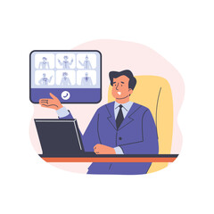 Fototapeta na wymiar Man working online, video conference or meeting, vector illustration on white