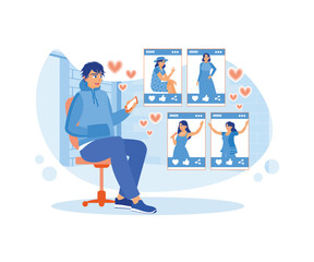 A man selects a woman's photo on an online dating site. Online Dating concept. Flat vector illustration.