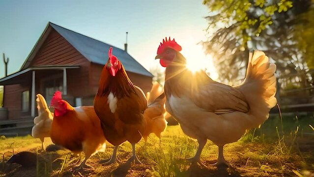 a group of chickens near the farm in the sun looks at the camera. Generative Ai, nature.