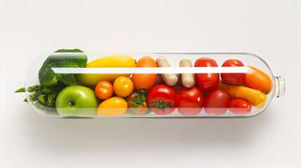 tomatoes in a box, fresh vegetables inside pills shape bottle on white background 