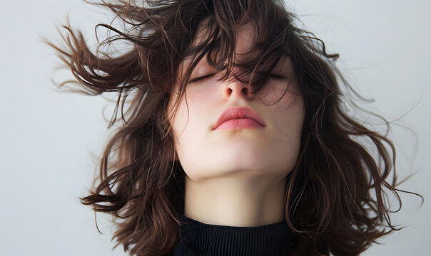 woman closing her eyes with her hair blowing, Generative AI