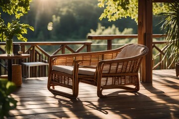 A serene retreat with a rattan armchair resting on a wooden terrace, table and chairs in the garden basking in perfect lighting 