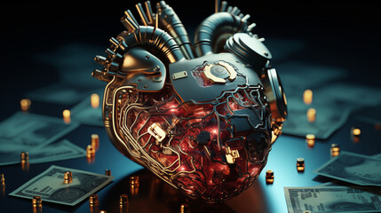 Iron heart, AI heart, robot heart – digital artwork, macro, full reflections, biomechanical heart made from money, darkness mood background
