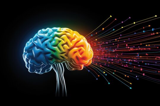 brain with colorful smoke, color dust, Kaleidoscopic, Vivid 3D Rendering and Creative illustration of human brain, plasticity, brain waves, thoughtful, thoughts, colorful, learning, neural, color bomb