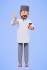 3d man muslim greeting, greeting, pointing and holding phone while smiling with blue background